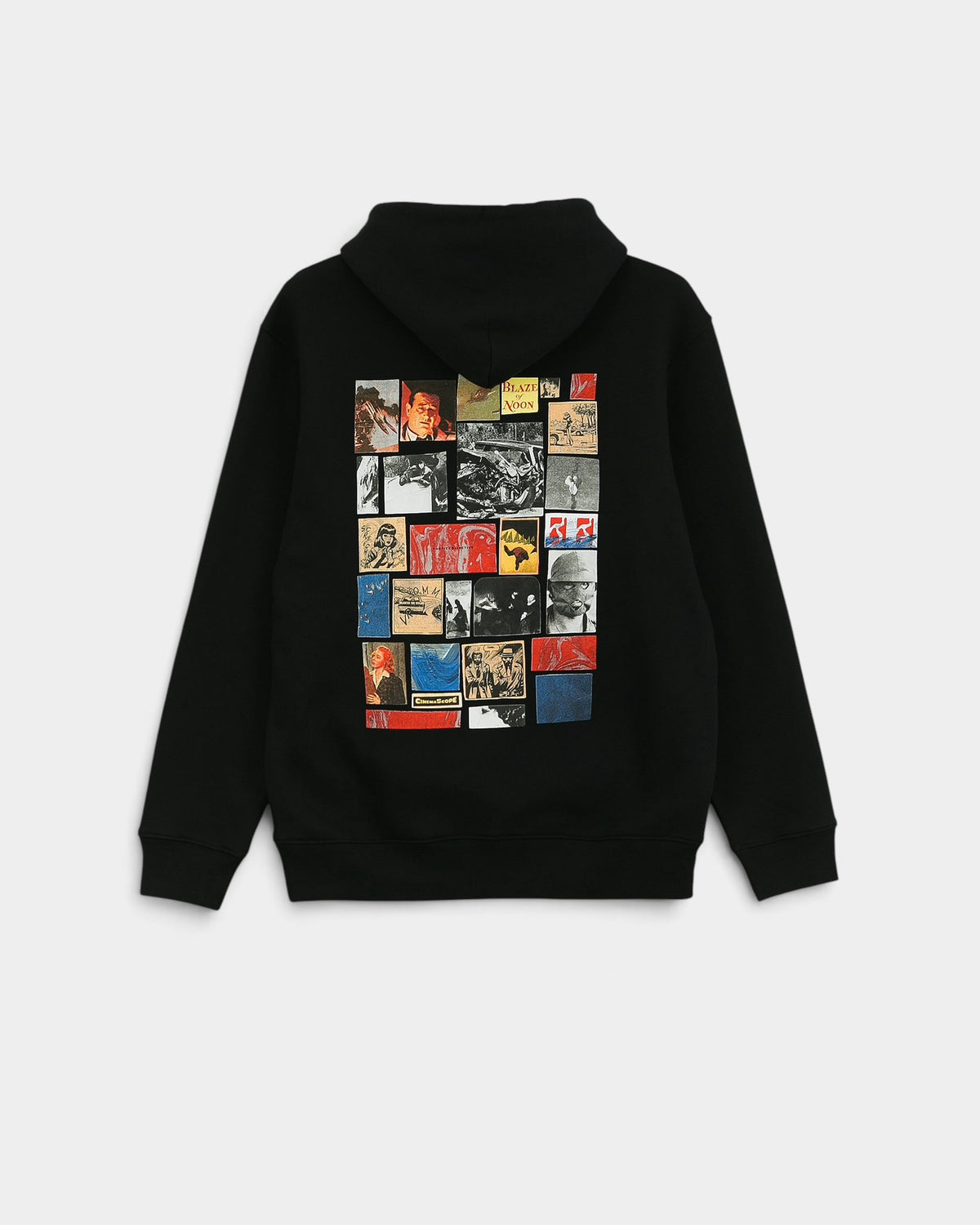 Lockwood Avenue Poetic Collective black organic cotton hoodie featuring a multi-panel Blaze of Noon graphic on back