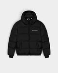 Lockwood Avenue Poetic Collective black recycled polyester hooded puffer jacket with oversized fit and high collar