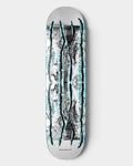 Lockwood Avenue Poetic Collective 8.25 inch skateboard deck with blue foil stripe art by Tom Botwid on maple wood.