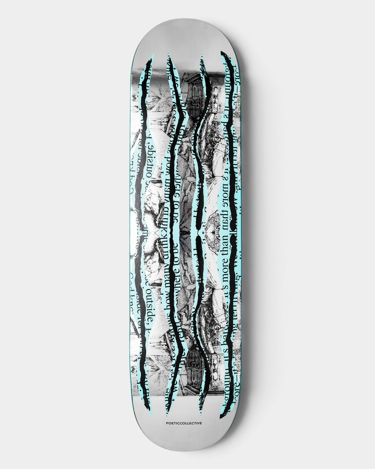 Lockwood Avenue Poetic Collective 8.25 inch skateboard deck with blue foil stripe art by Tom Botwid on maple wood.