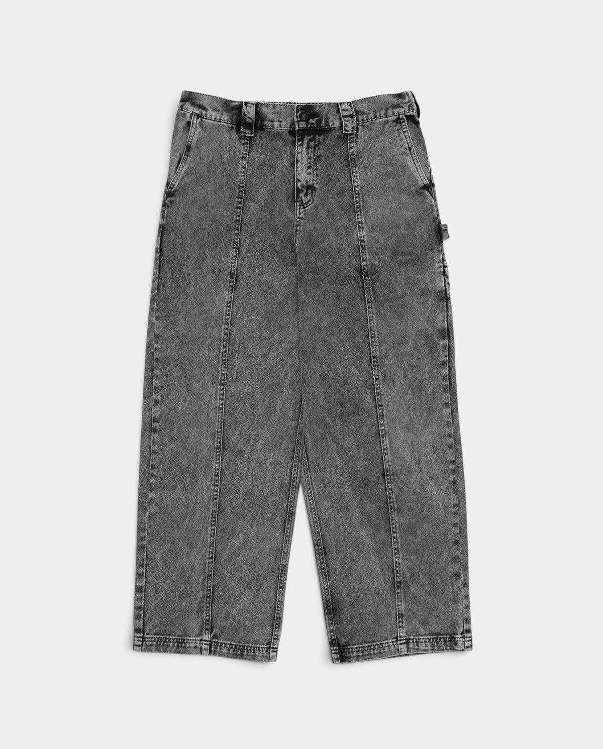 Lockwood Avenue Poetic Collective gray heavyweight denim carpenter pants with front split seams and wide-leg fit.