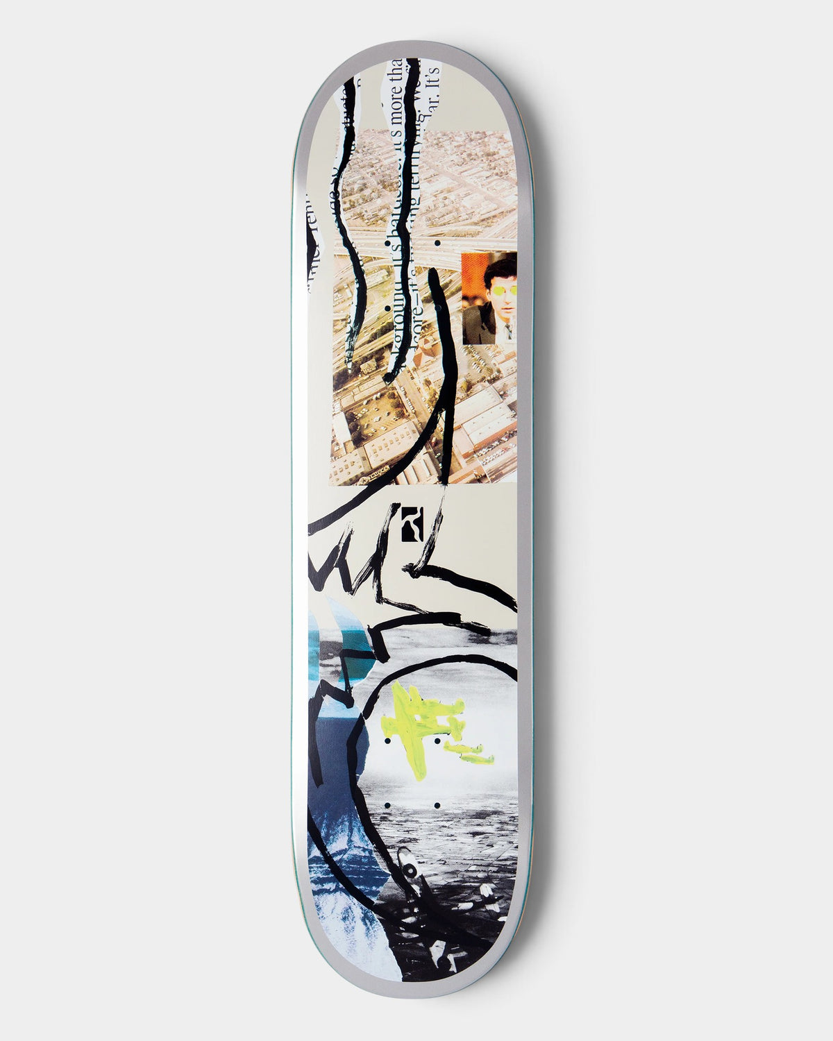 Lockwood Avenue Poetic Collective 8.375 inch skateboard deck featuring green plane artwork by Tom Botwid