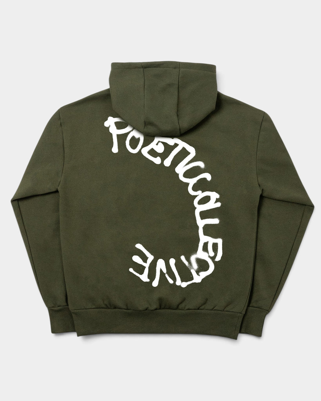 Lockwood Avenue Poetic Collective olive green relaxed fit zip hoodie with white spray paint graphic on the back