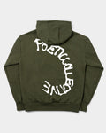 Lockwood Avenue Poetic Collective olive green relaxed fit zip hoodie with white spray paint graphic on the back