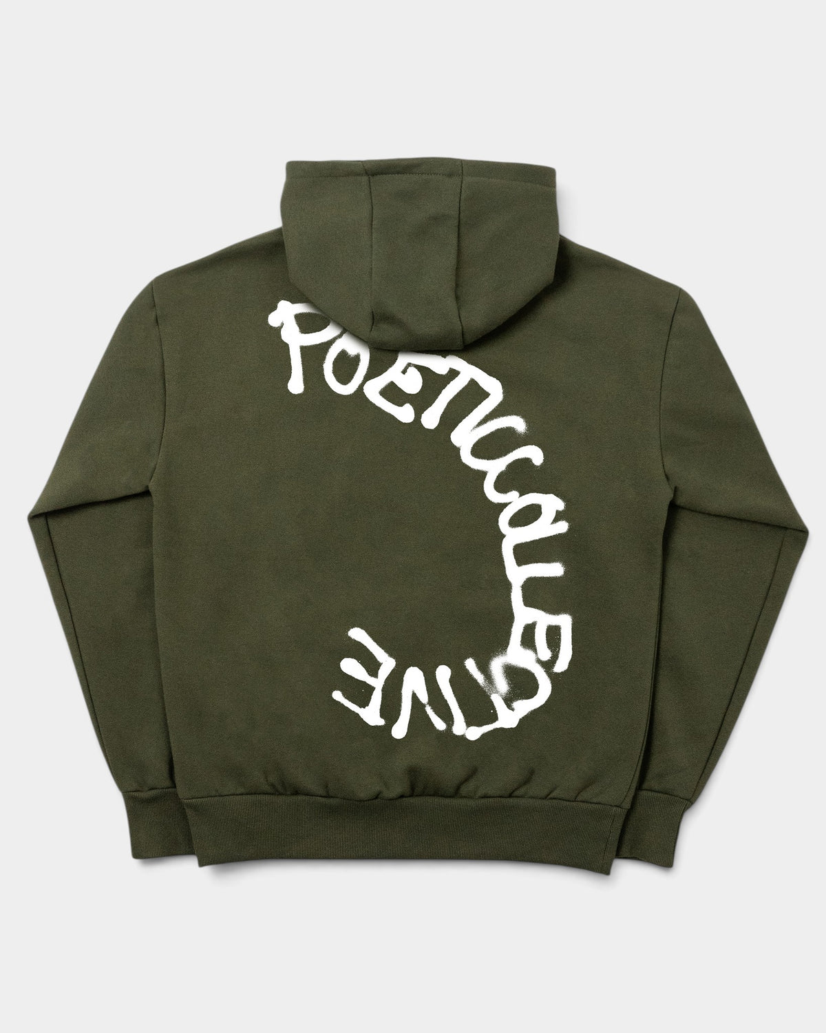 Lockwood Avenue Poetic Collective olive green relaxed fit zip hoodie with white spray paint graphic on the back