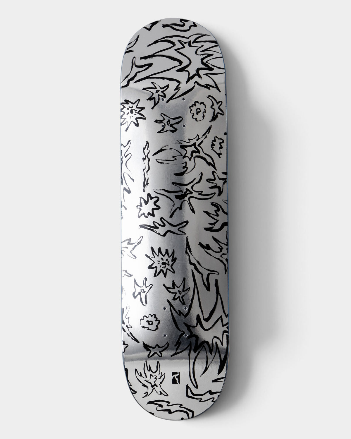 Lockwood Avenue Poetic Collective 8.375 inch skateboard deck with silver tribal graphic by Tom Botwid