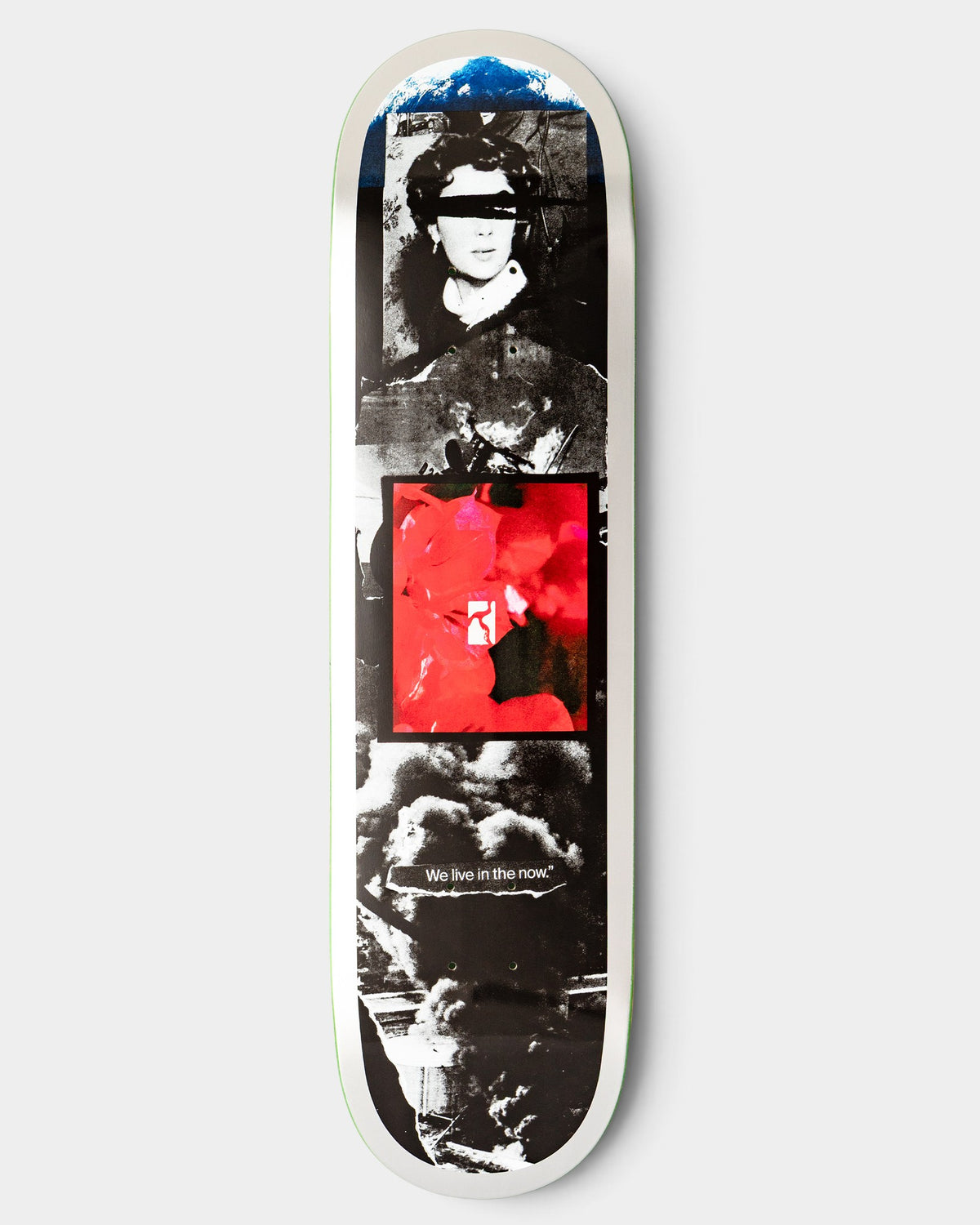 Lockwood Avenue Poetic Collective In The Now 8.5 inch skateboard deck with black and white artistic graphic print