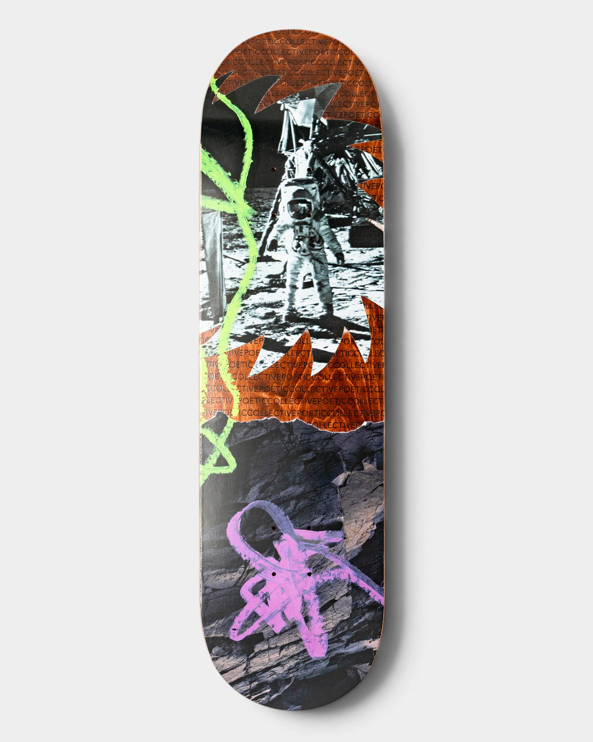 Lockwood Avenue Poetic Collective Space skateboard deck featuring a collage astronaut print on 7-ply Canadian maple.