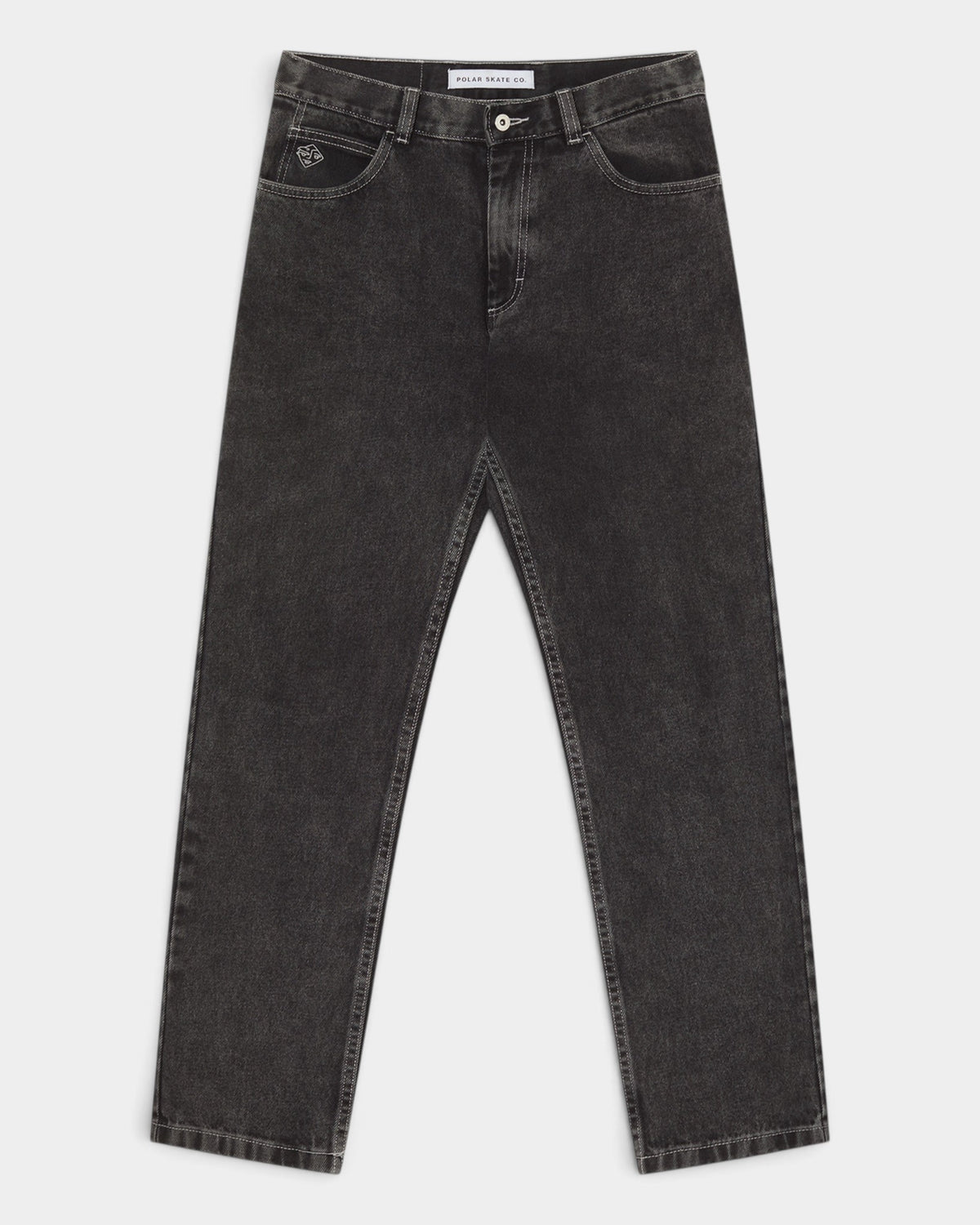 Lockwood Avenue Polar 89! heavyweight black denim pants with a high waist, straight leg, and embroidered pocket detail.