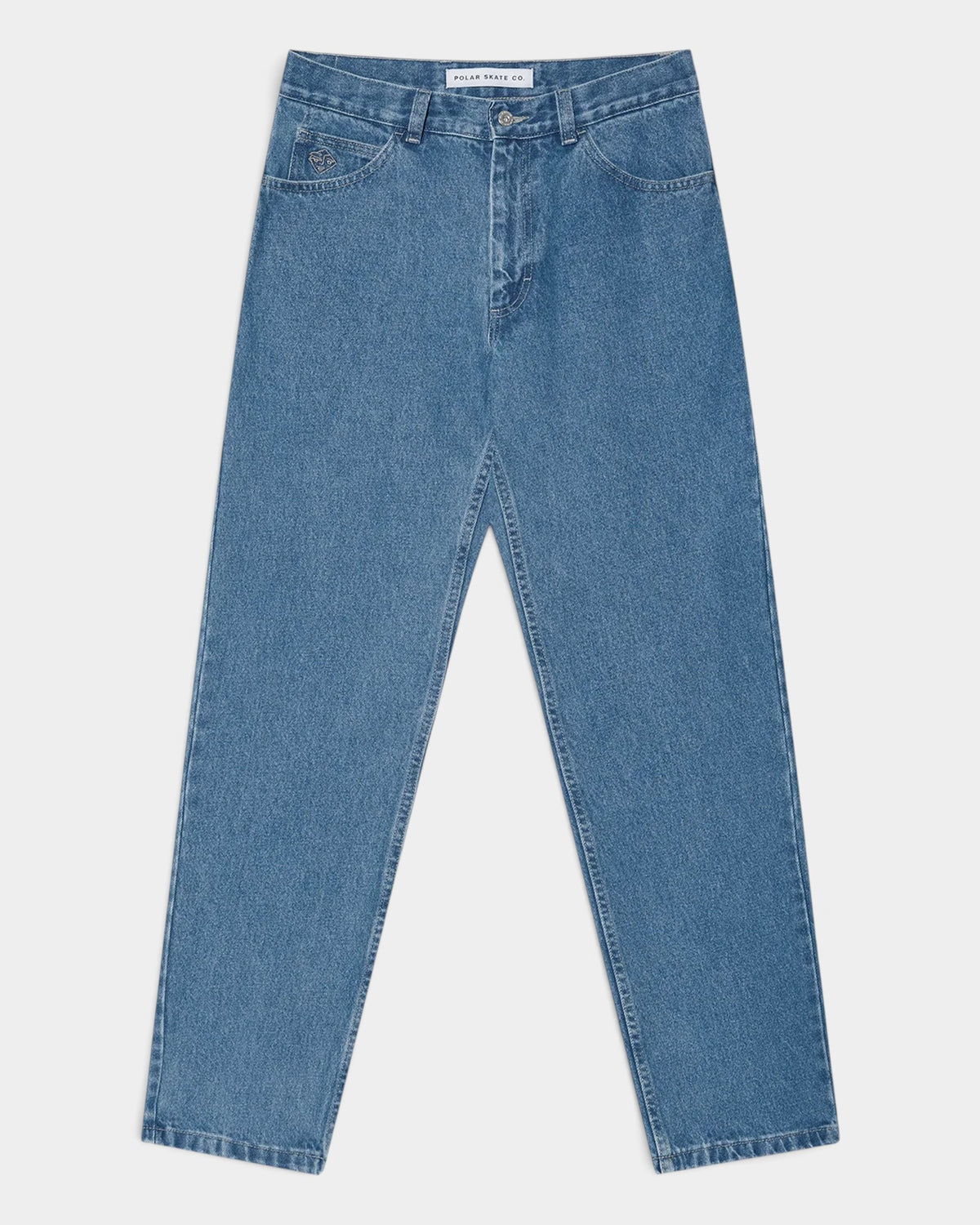Lockwood Avenue Polar 89! heavyweight blue cotton denim jeans with a straight leg, high waist, and pocket embroidery.