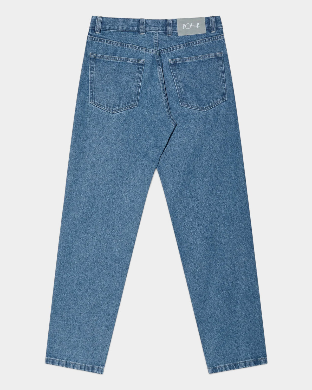 Lockwood Avenue Polar 89! heavyweight blue denim straight leg jeans with back pockets and waistband label