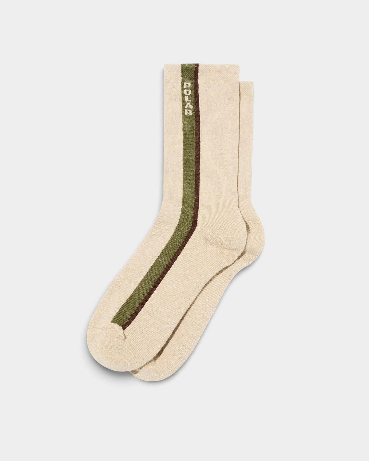 Lockwood Avenue Polar beige crew socks with a green and brown side stripe and logo detail in a cotton blend