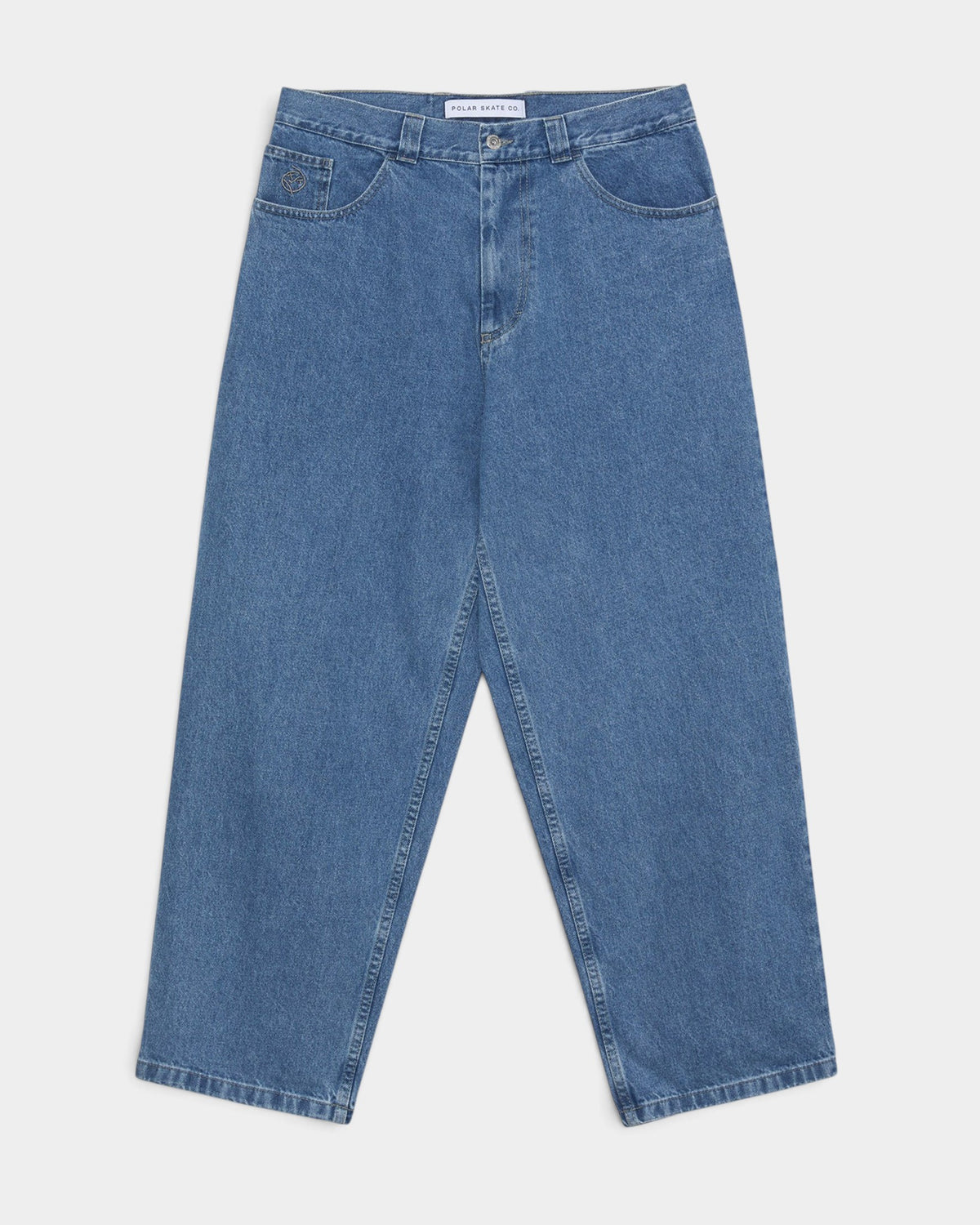 Lockwood Avenue Polar Big Boy baggy denim pants in dark blue wash with embroidery on the change pocket