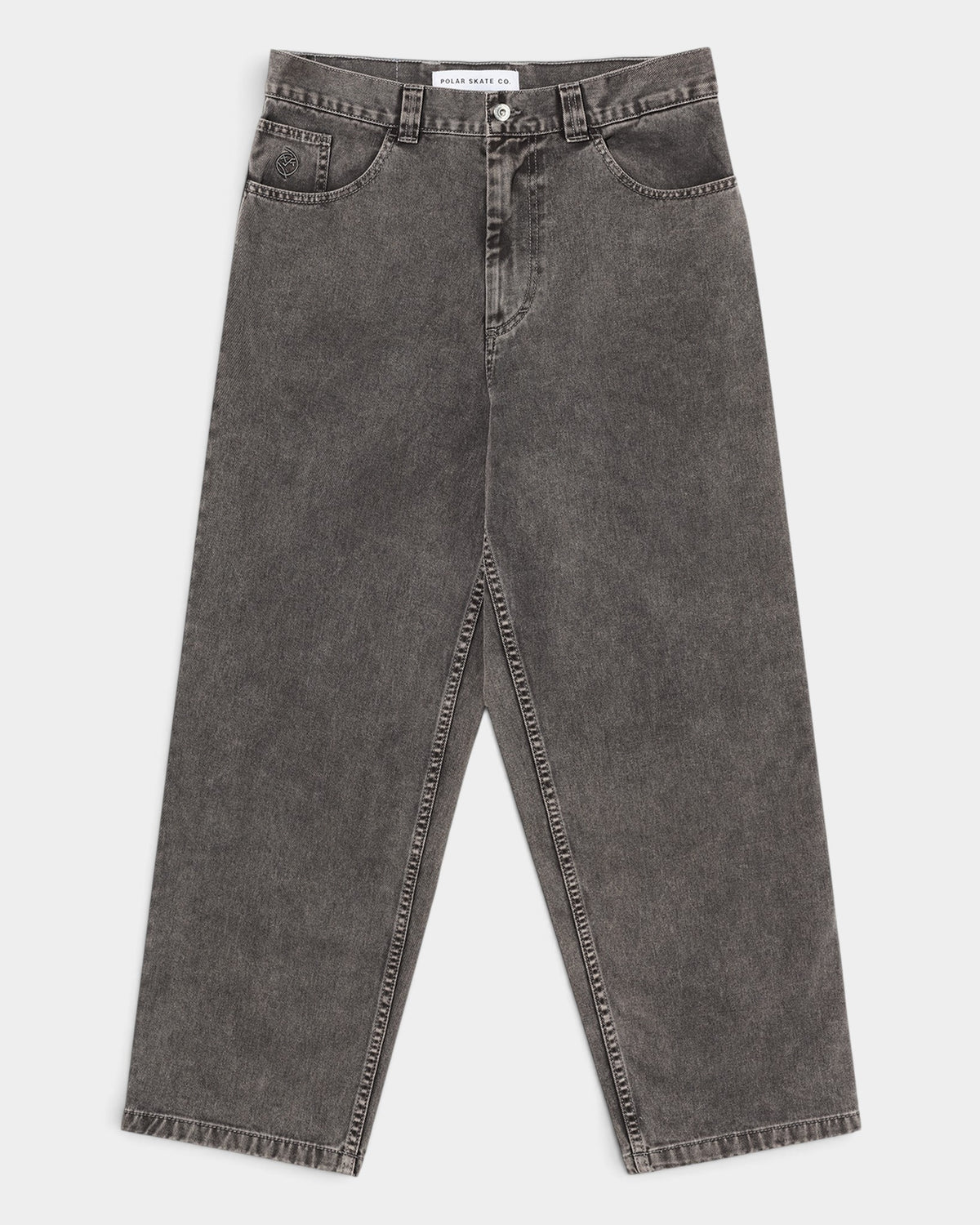 Lockwood Avenue Polar Big Boy baggy denim pants in a dark grey wash with a tapered leg and signature embroidery