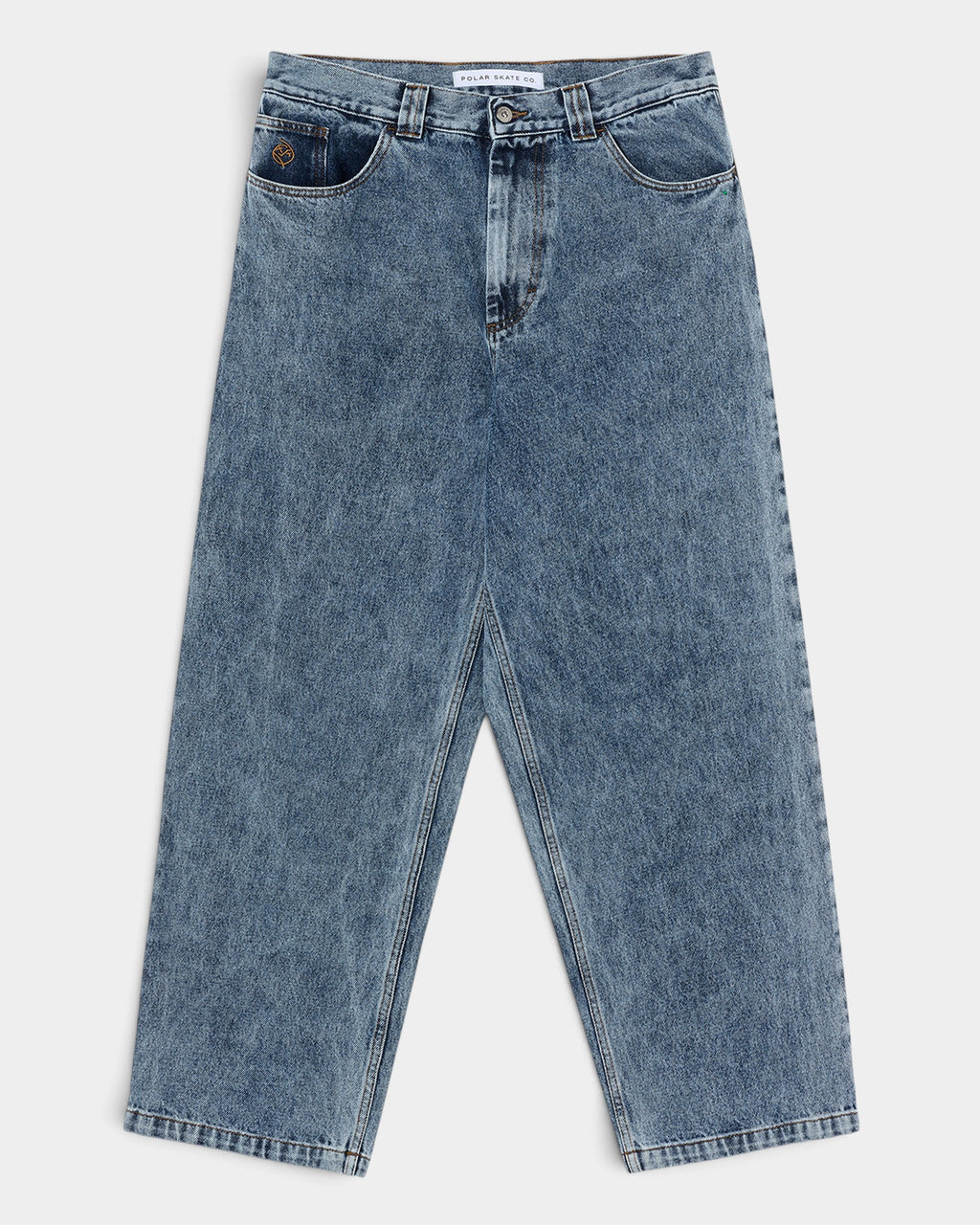 Lockwood Avenue Polar Big Boy baggy denim pants in dark blue wash with tapered leg and embroidered pocket detail