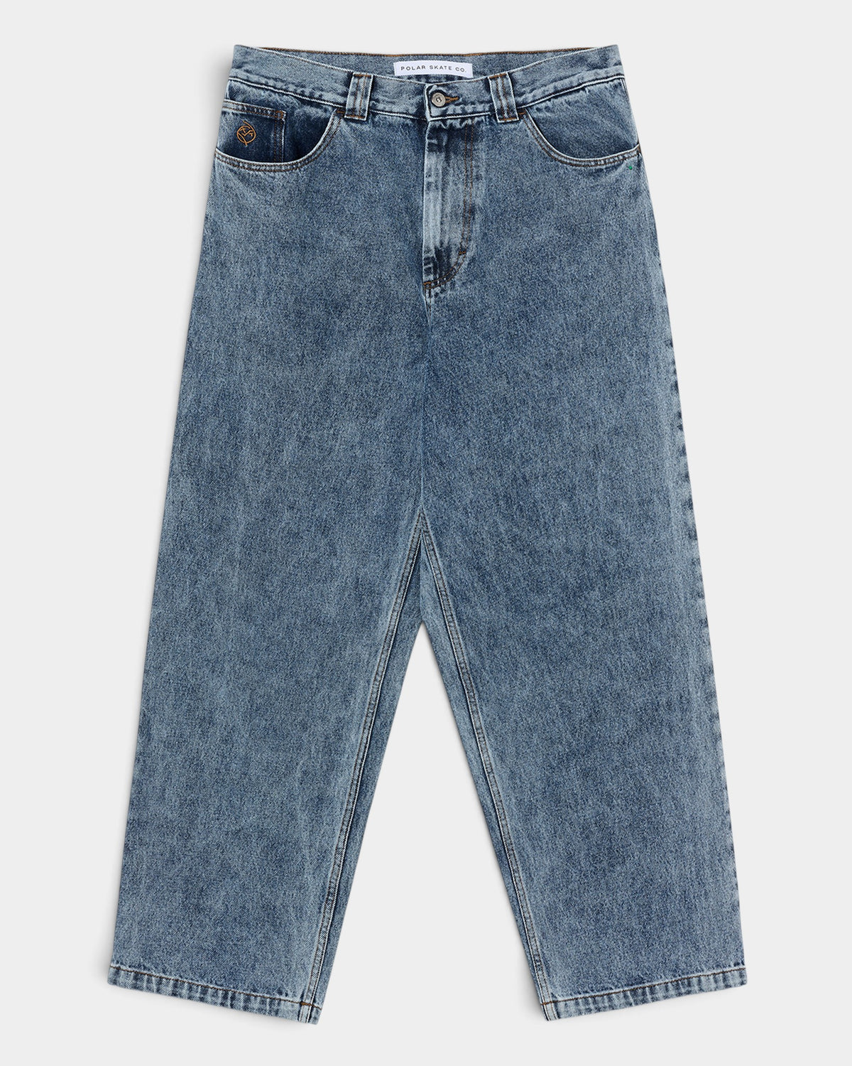 Lockwood Avenue Polar Big Boy baggy denim pants in dark blue wash with tapered leg and embroidered pocket detail