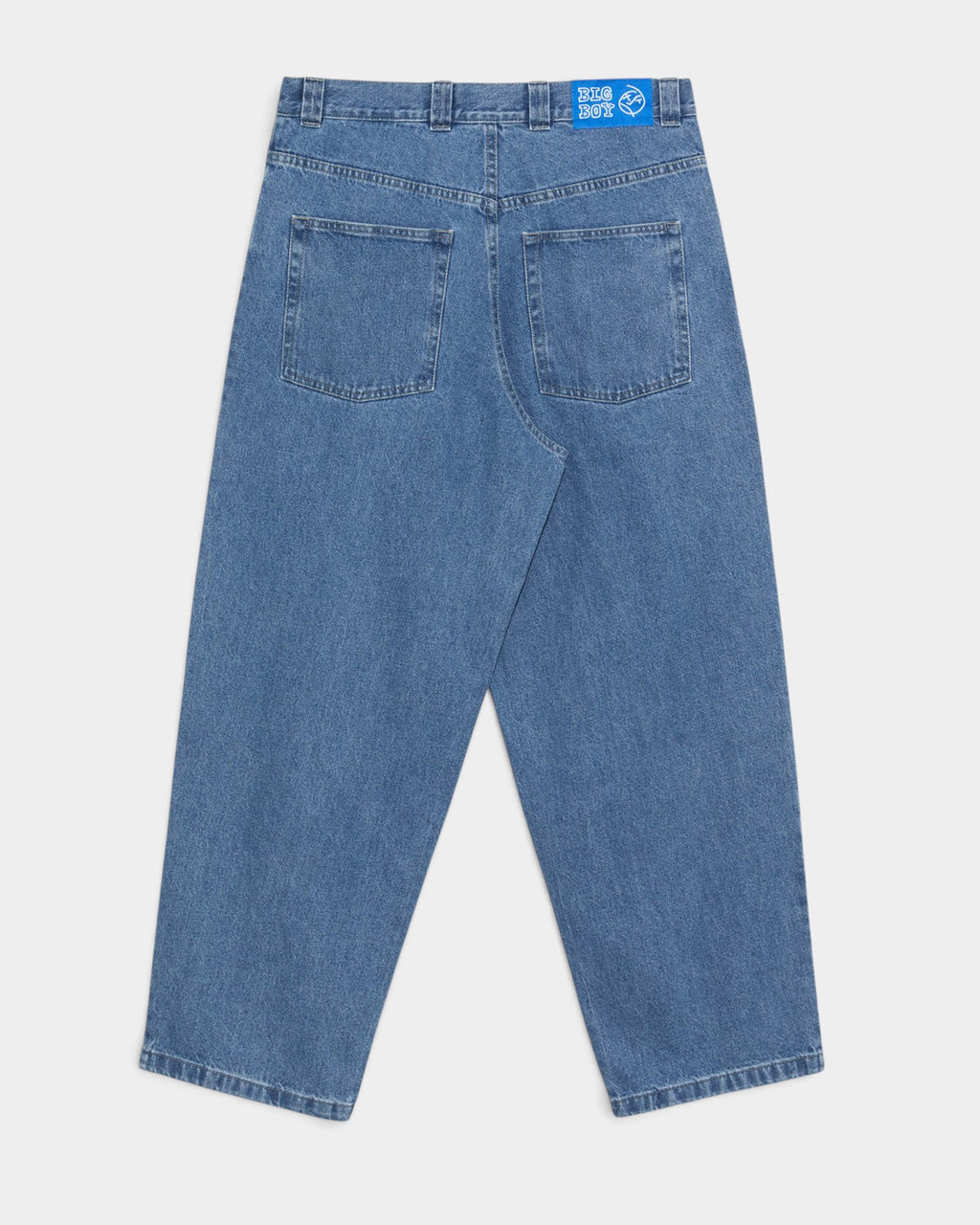 Lockwood Avenue Polar Big Boy baggy denim pants in dark blue wash, back view with woven waist label.