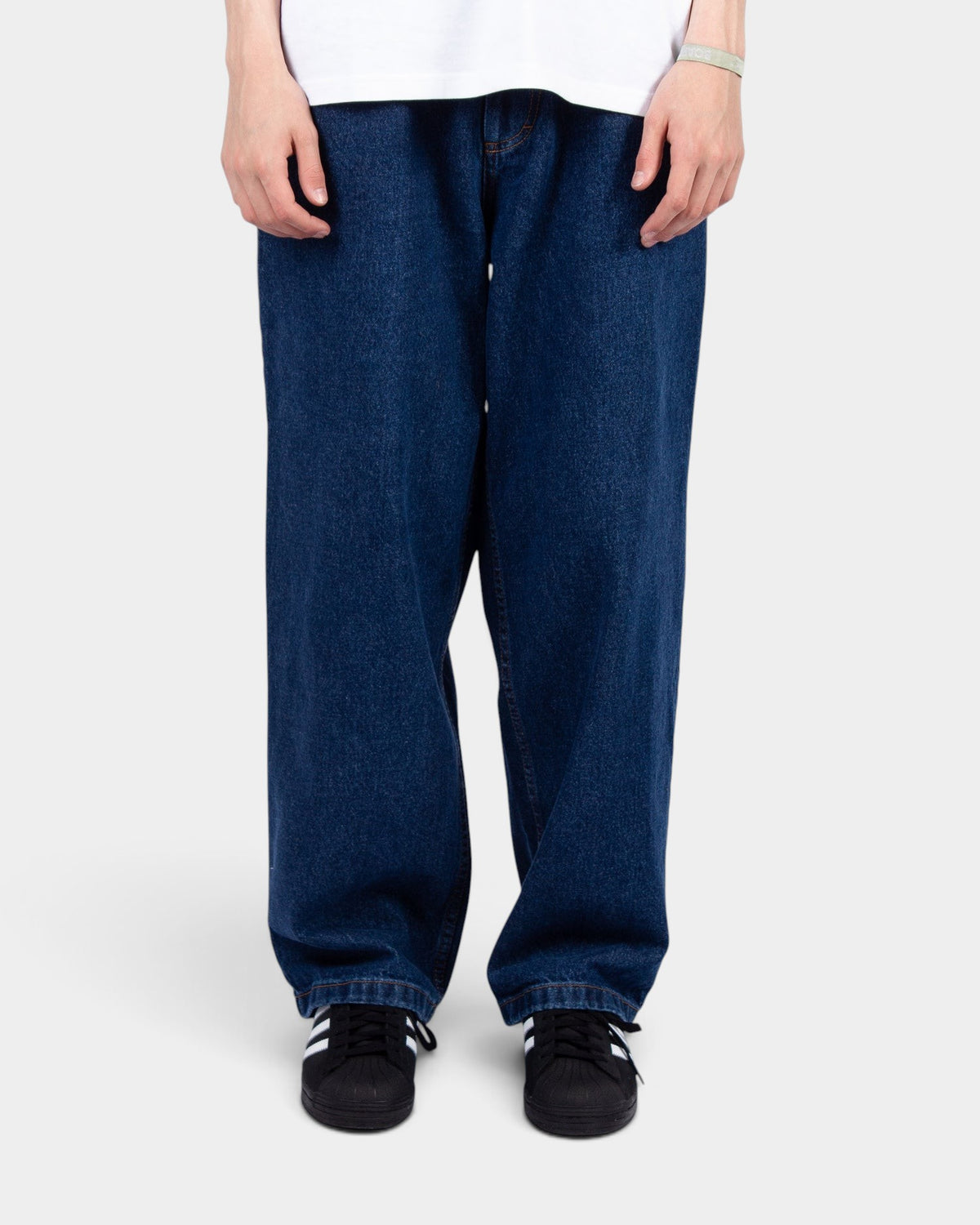 Lockwood Avenue Polar Big Boy baggy dark blue denim jeans with a wide fit and tapered leg on a model