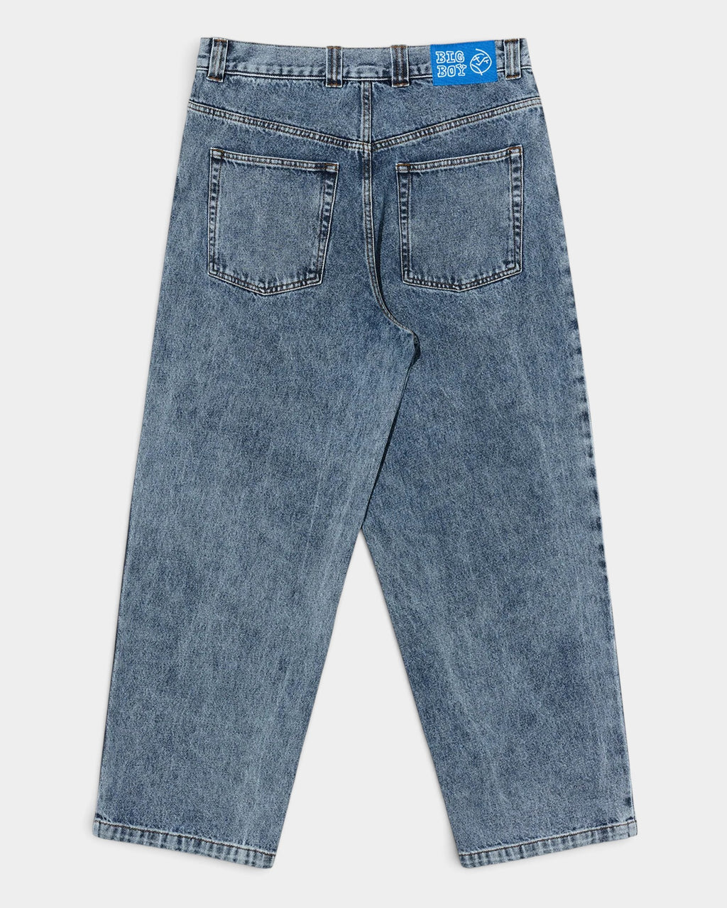 Lockwood Avenue Polar Big Boy baggy denim pants in dark blue wash with back view showing logo patch