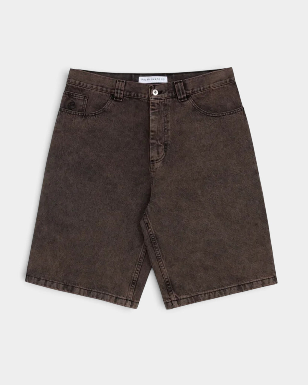 Lockwood Avenue Polar Big Boy brown denim shorts with an oversized fit, low waist, and stone washed finish.