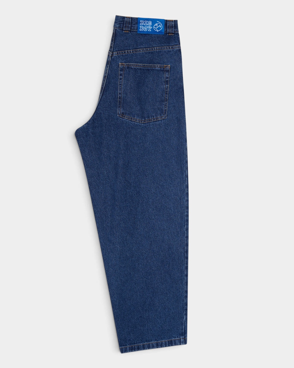Lockwood Avenue Polar Big Boy baggy denim pants in dark blue wash with a woven waist label, side view.