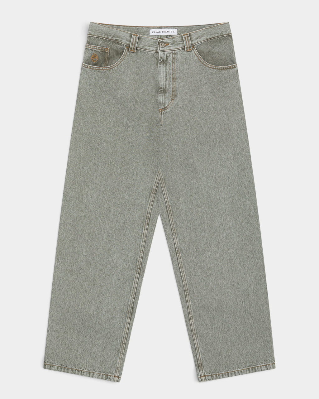Lockwood Avenue Polar Big Boy baggy denim pants in a light grey wash with signature embroidery on the change pocket.