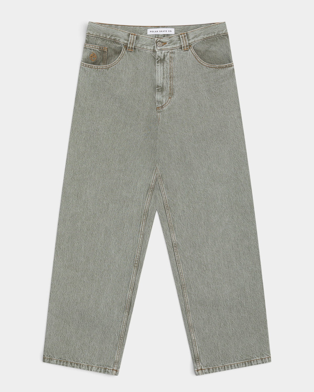 Lockwood Avenue Polar Big Boy baggy denim pants in a light grey wash with signature embroidery on the change pocket.