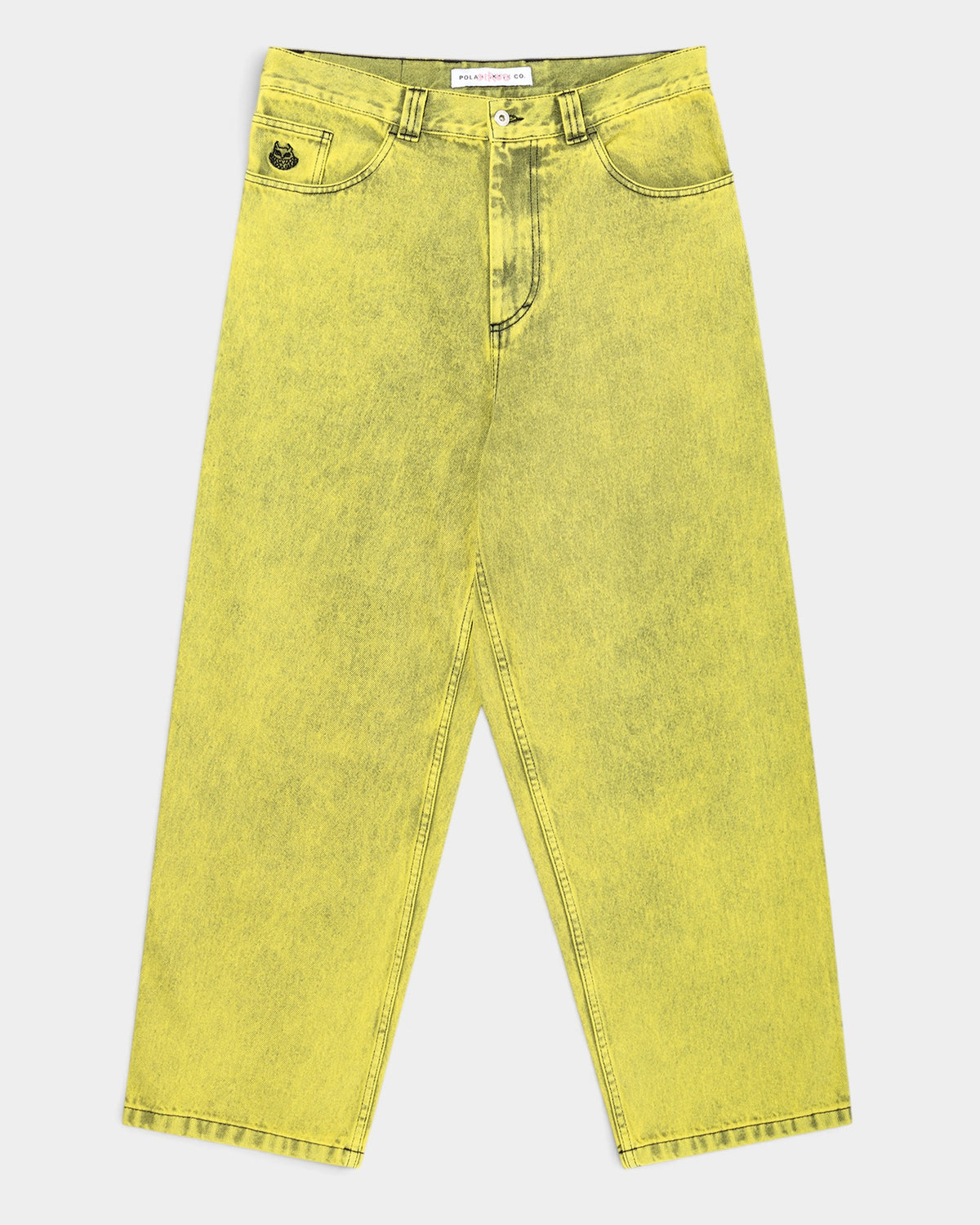 Lockwood Avenue Polar Big Boy baggy denim pants in a bright yellow stone-washed finish with a tapered leg fit.