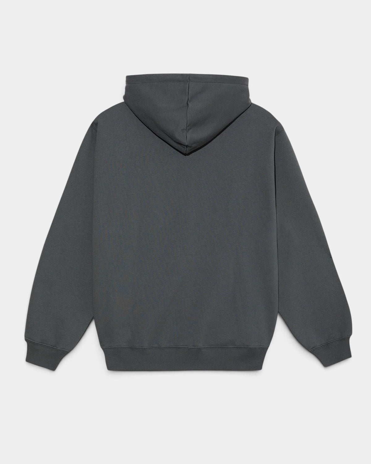 Lockwood Avenue Polar Dave heavyweight charcoal grey cotton fleece hoodie, back view with hood and kangaroo pocket.