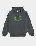 Lockwood Avenue Polar Dave heavyweight charcoal cotton hoodie with green metal-band logo graphic and kangaroo pocket