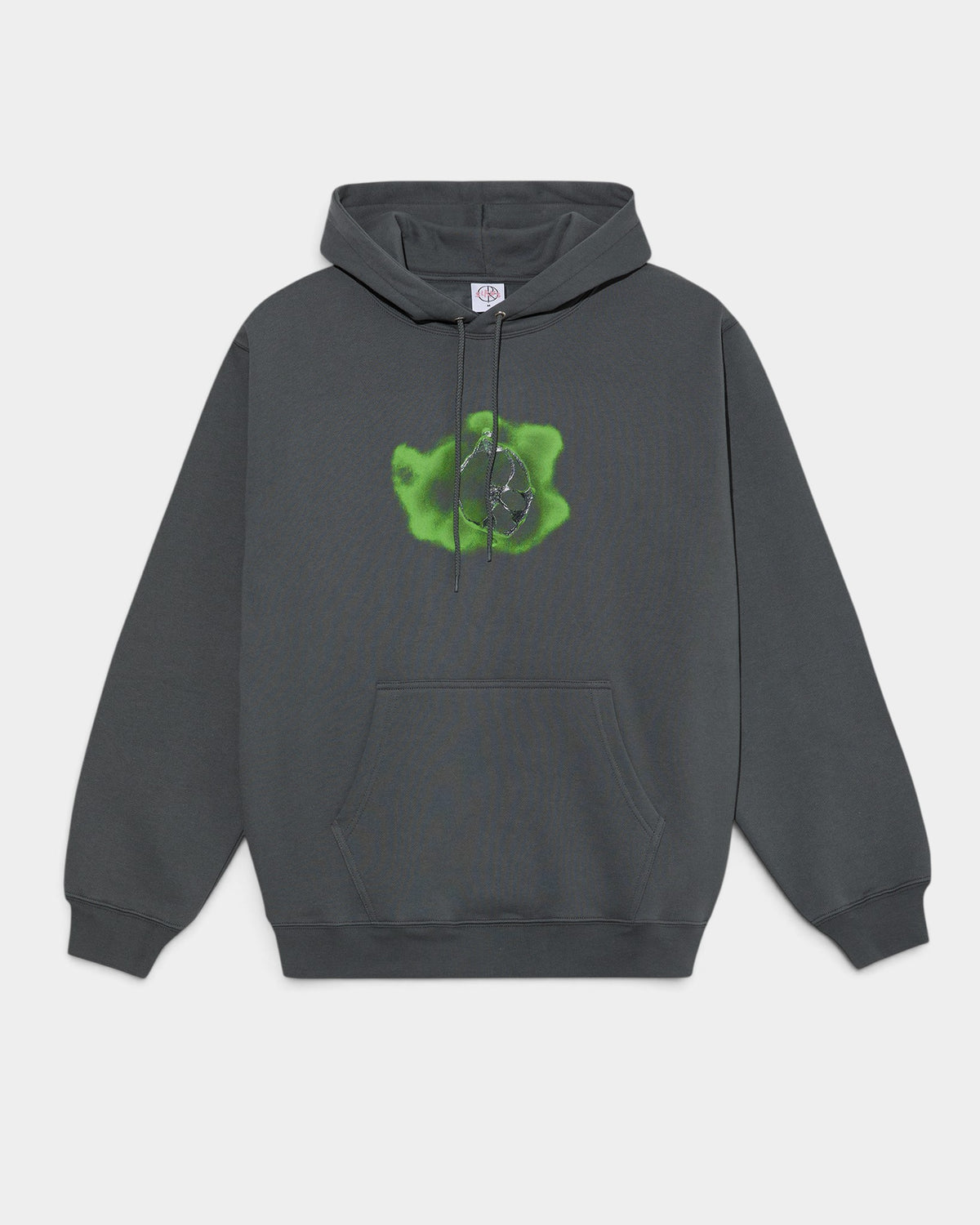 Lockwood Avenue Polar Dave heavyweight charcoal cotton hoodie with green metal-band logo graphic and kangaroo pocket