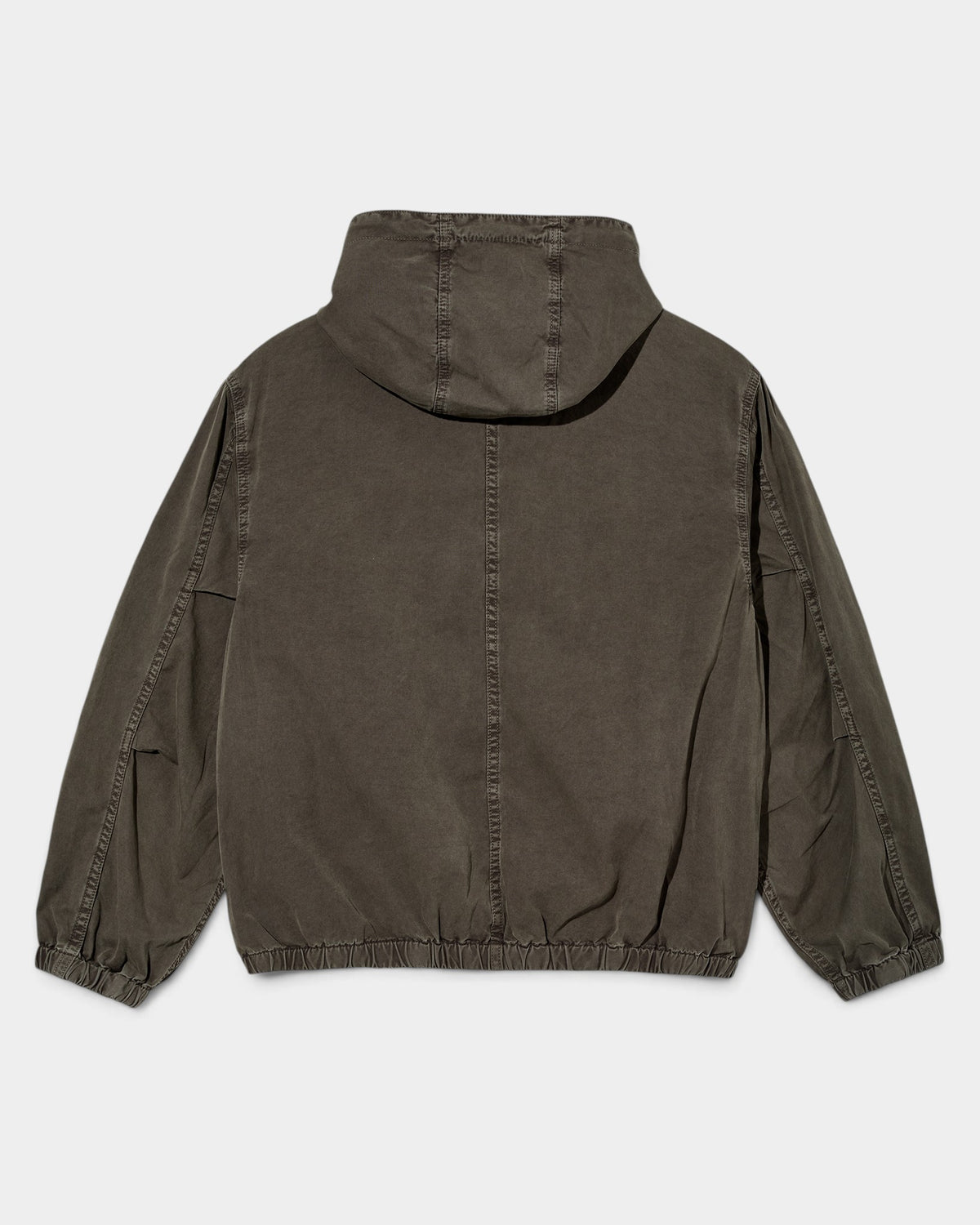 Lockwood Avenue Polar Hooded Nick Jacket in dark grey garment-dyed cotton canvas with a wide fit and elastic hem.
