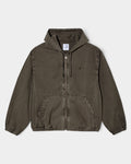 Lockwood Avenue Polar Hooded Nick Jacket in dark olive garment-dyed cotton canvas with a front zip and kangaroo pocket