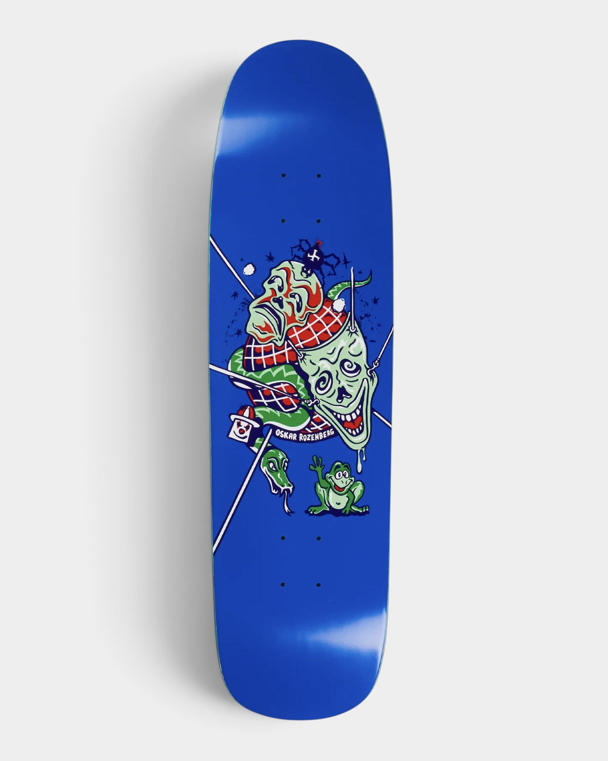 Lockwood Avenue Polar Oskar Rozenberg The Mask 8.375 inch skateboard deck in blue with Jacob Ovgren graphic art