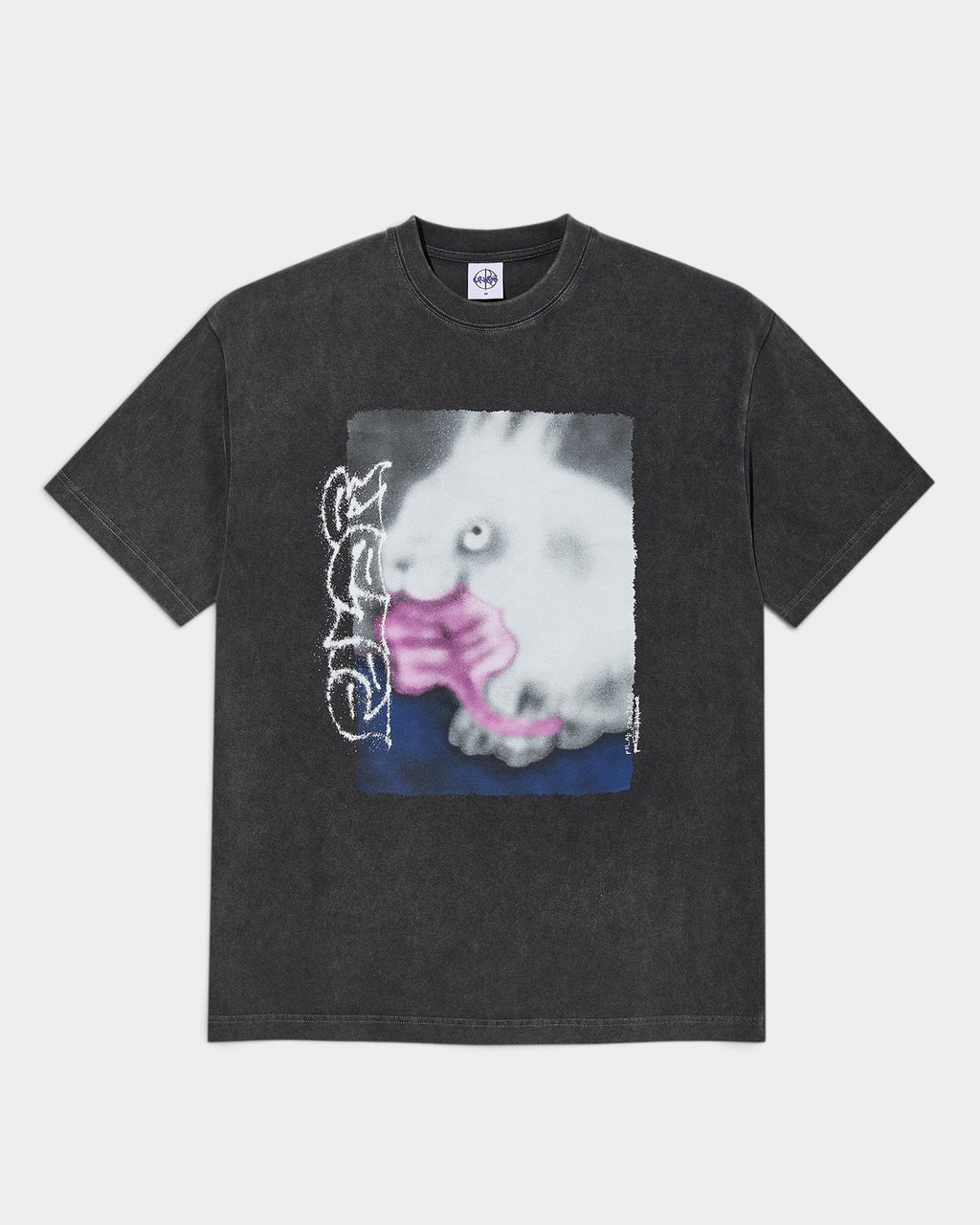 Lockwood Avenue Polar Rabbit T-Shirt in washed black cotton with a graphic print and ribbed crew neck.