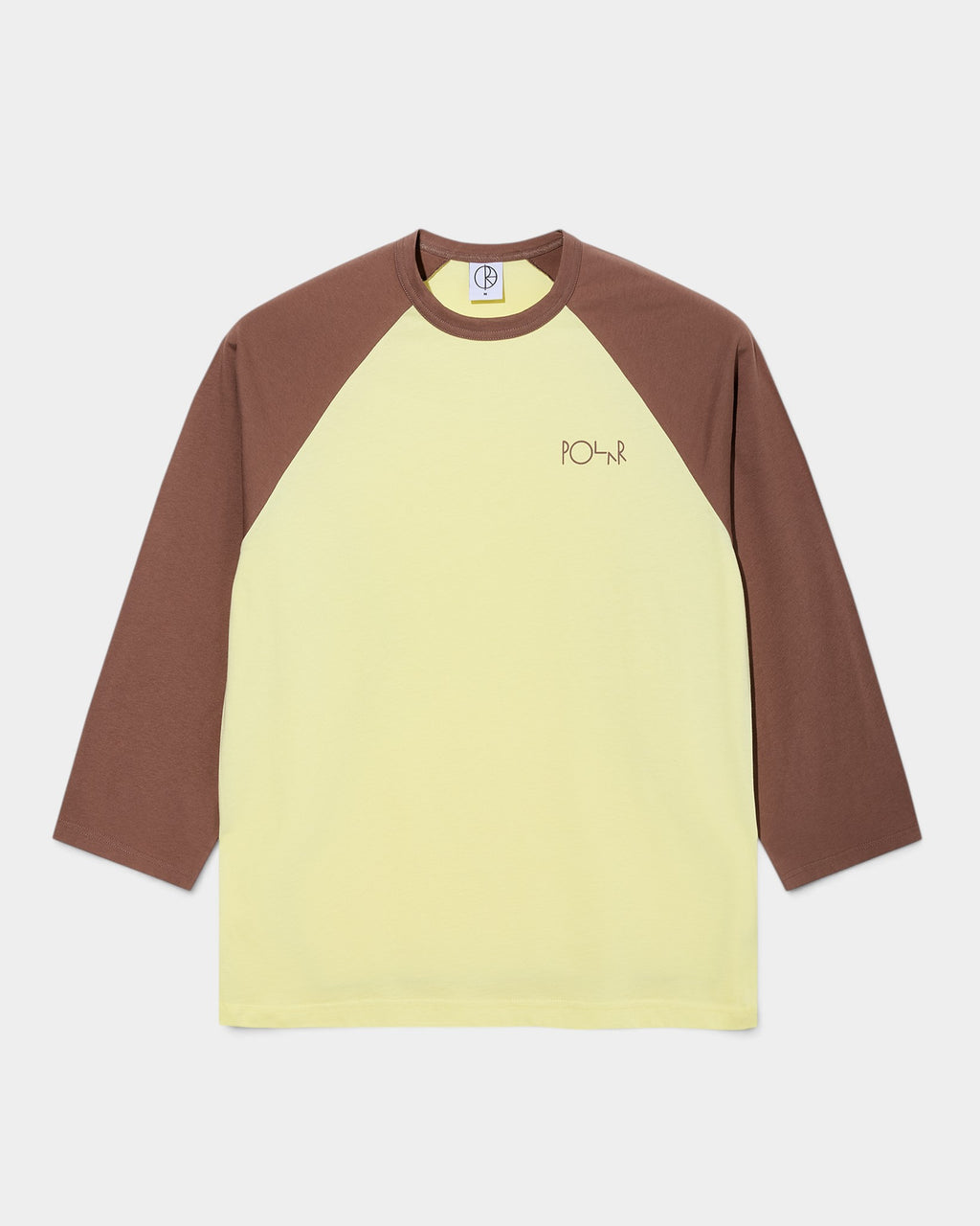 Lockwood Avenue Polar 3/4 sleeve raglan t-shirt in yellow and brown cotton with a small chest logo print.