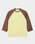 Lockwood Avenue Polar 3/4 sleeve raglan t-shirt in yellow and brown cotton with a small chest logo print.