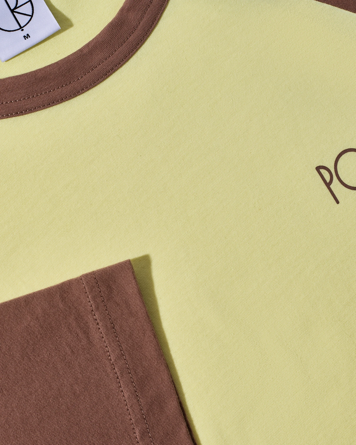 Lockwood Avenue Polar 3/4 sleeve cotton t-shirt in pale yellow with brown raglan sleeves and crew neck collar