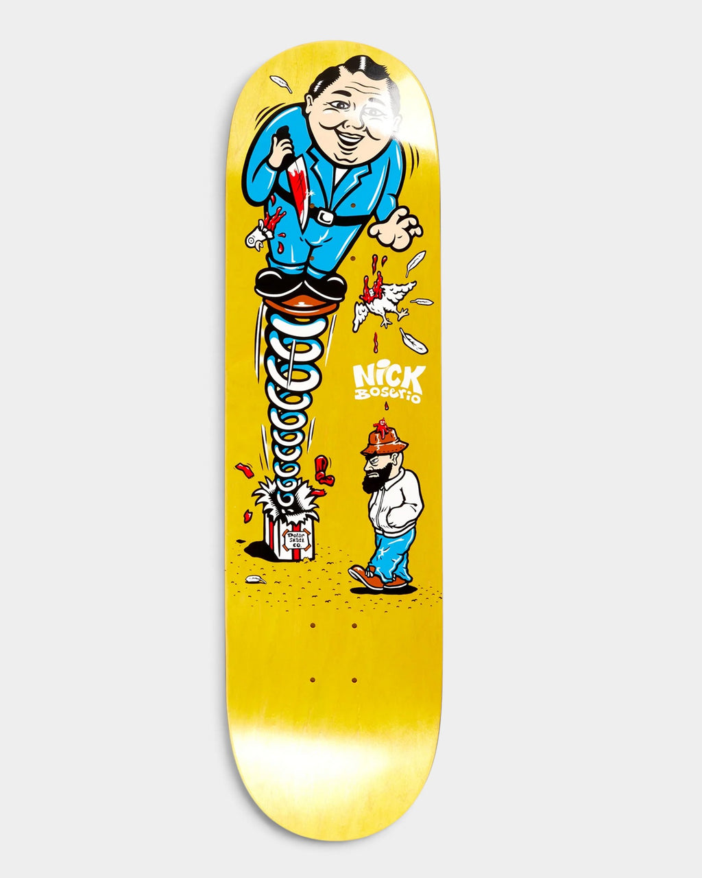 Lockwood Avenue Polar Skate Co. Nick Boserio 8.25-inch skateboard deck with yellow background and Jacob Ovgren art