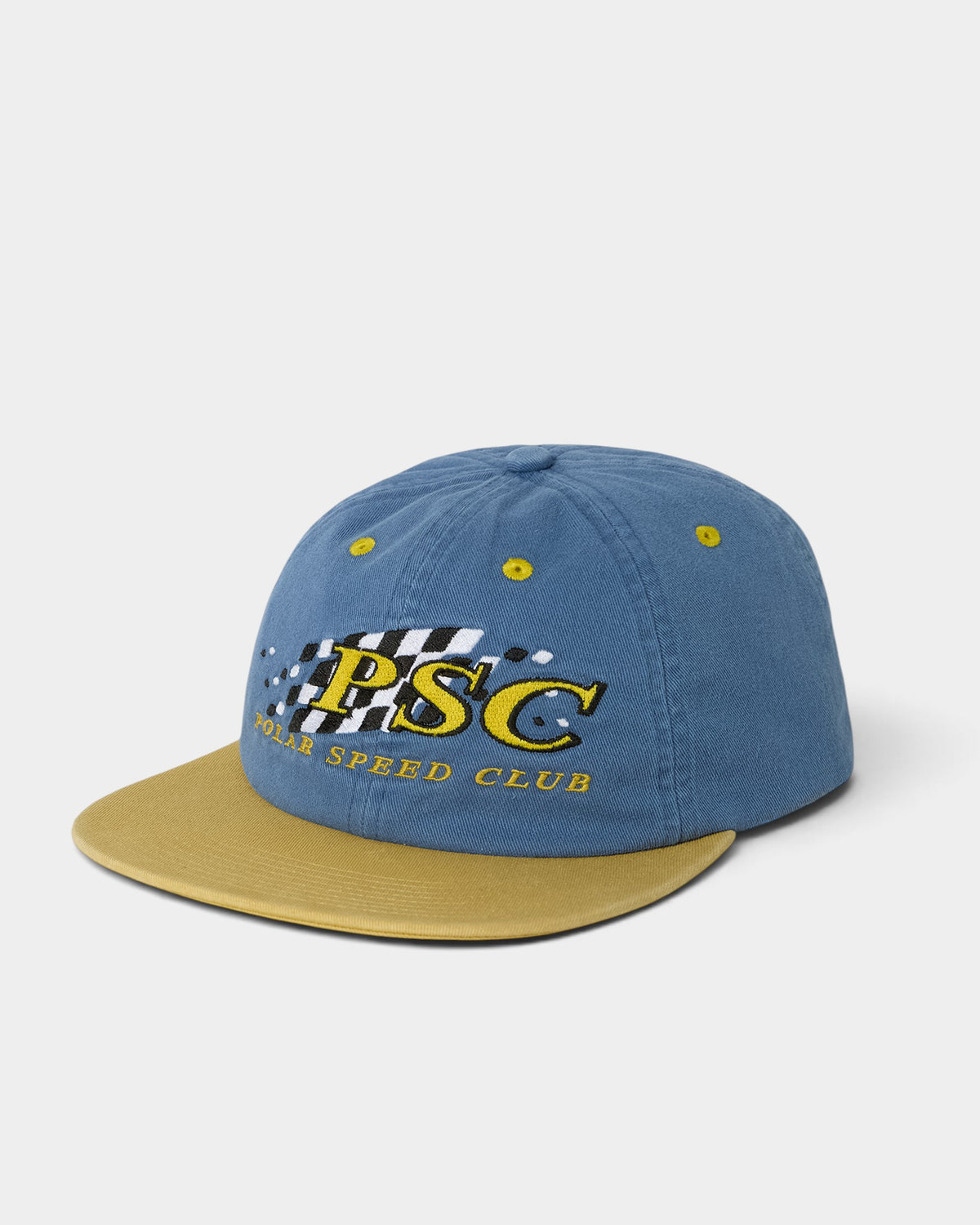 Lockwood Avenue blue and yellow cotton twill dad cap with Polar Speed Club embroidery and a flat squared brim.