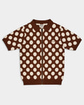 Lockwood Avenue The Loose Company brown and cream polka dot knit zip-up polo shirt with ribbed trim.
