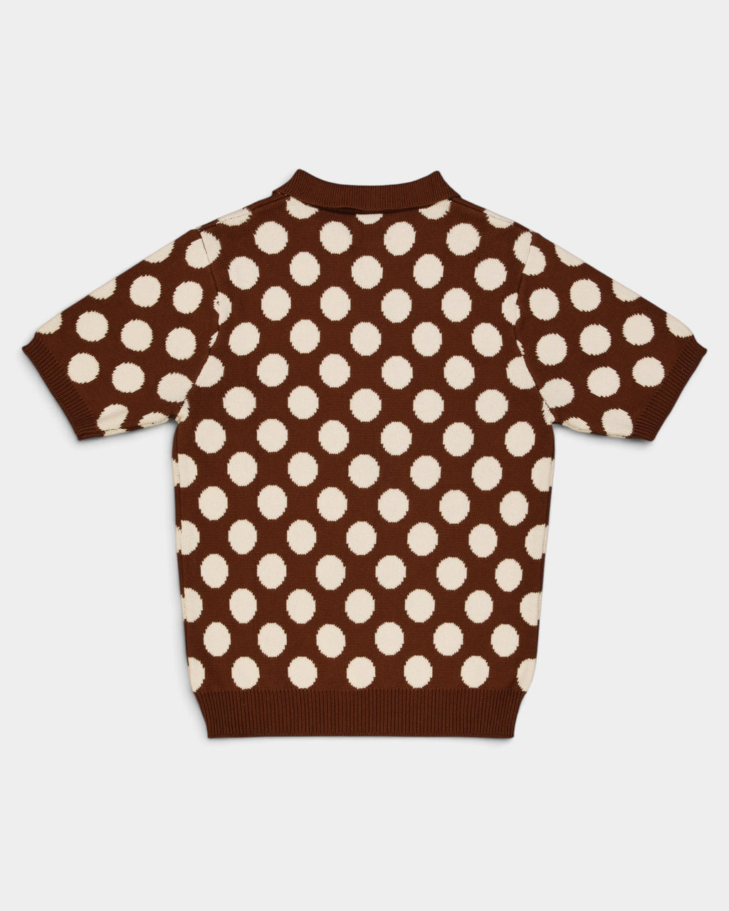 Lockwood Avenue The Loose Company brown and cream polka dot knitted zip-up polo shirt with ribbed trim