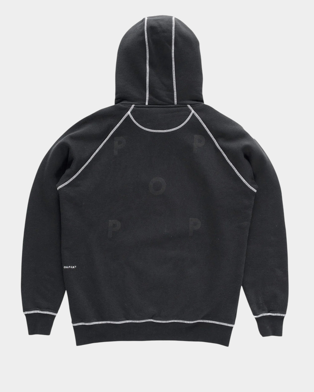 Lockwood Avenue Pop Trading Company black cotton hoodie with white flatlock stitching and tonal back logo