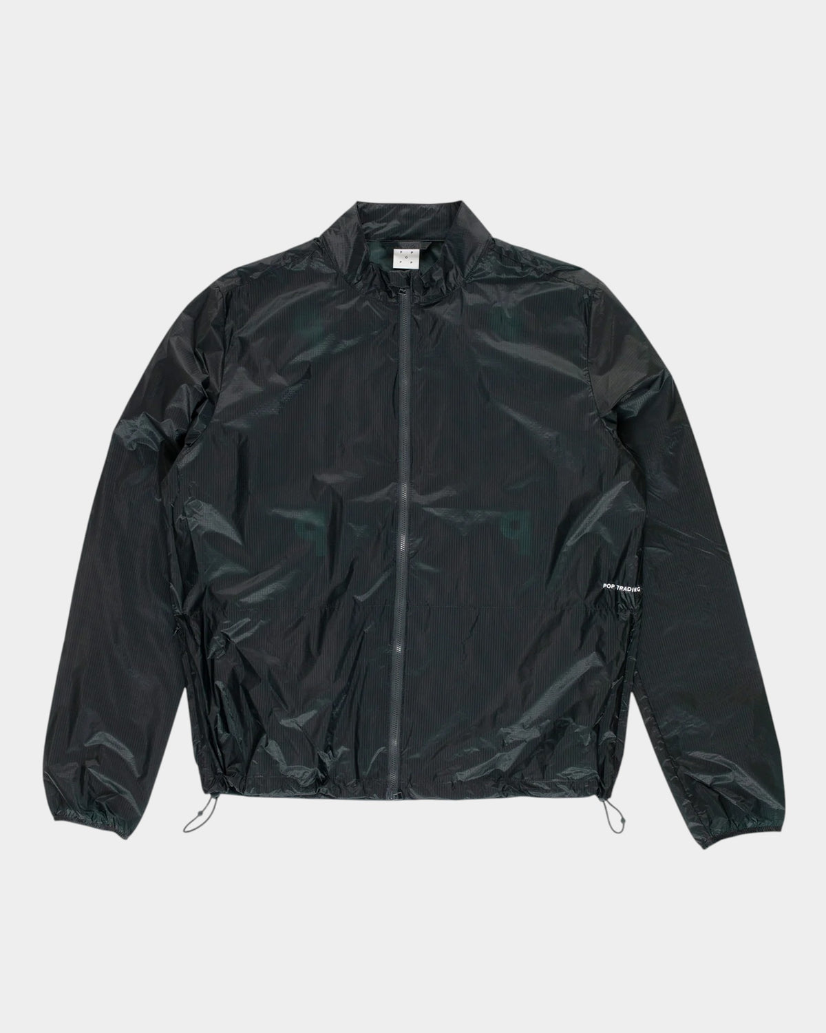 Lockwood Avenue Pop Trading Company black nylon team jacket with a two-way zipper and elasticated hem.