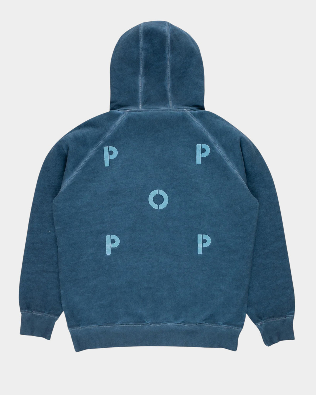 Lockwood Avenue Pop Trading Company blue heavyweight cotton hoodie with stencil logo print on the back