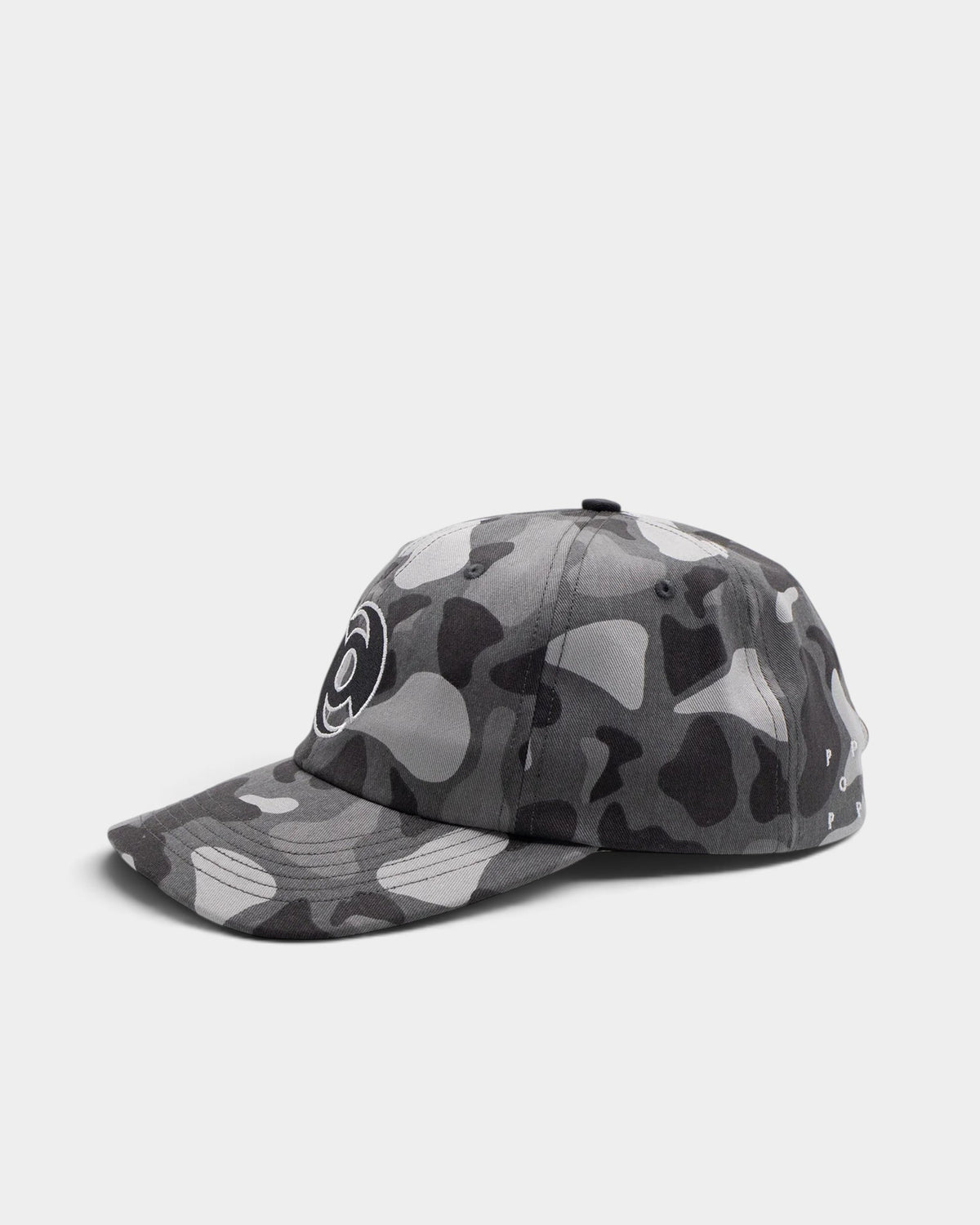 Lockwood Avenue Pop Trading Company six-panel cap in grey camouflage print with embroidered logo detail