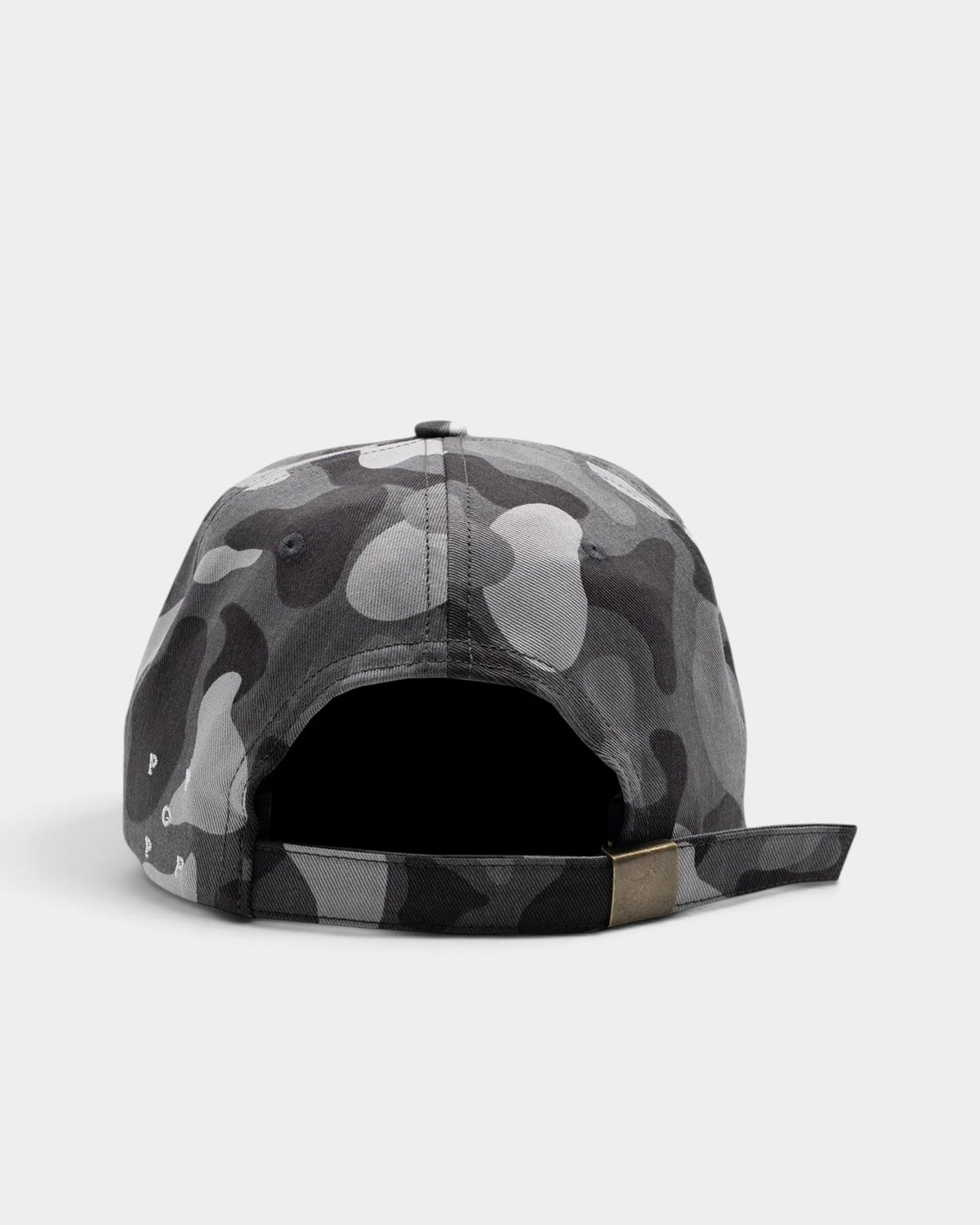 Lockwood Avenue Pop Trading Company six-panel cap in grey camouflage print with an adjustable metal strap back