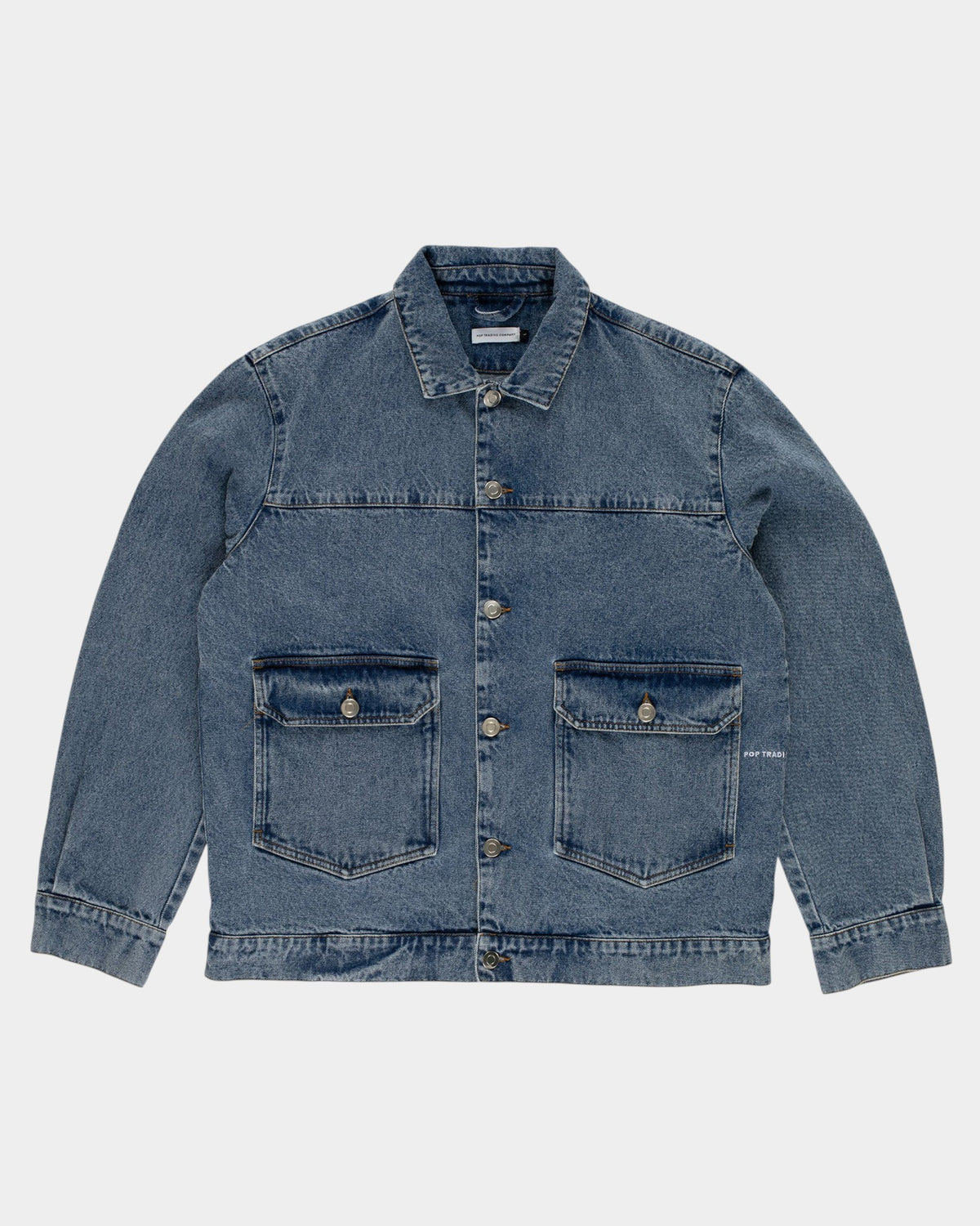Lockwood Avenue Pop Trading Company DRS denim jacket in blue cotton with silver buttons and front pockets