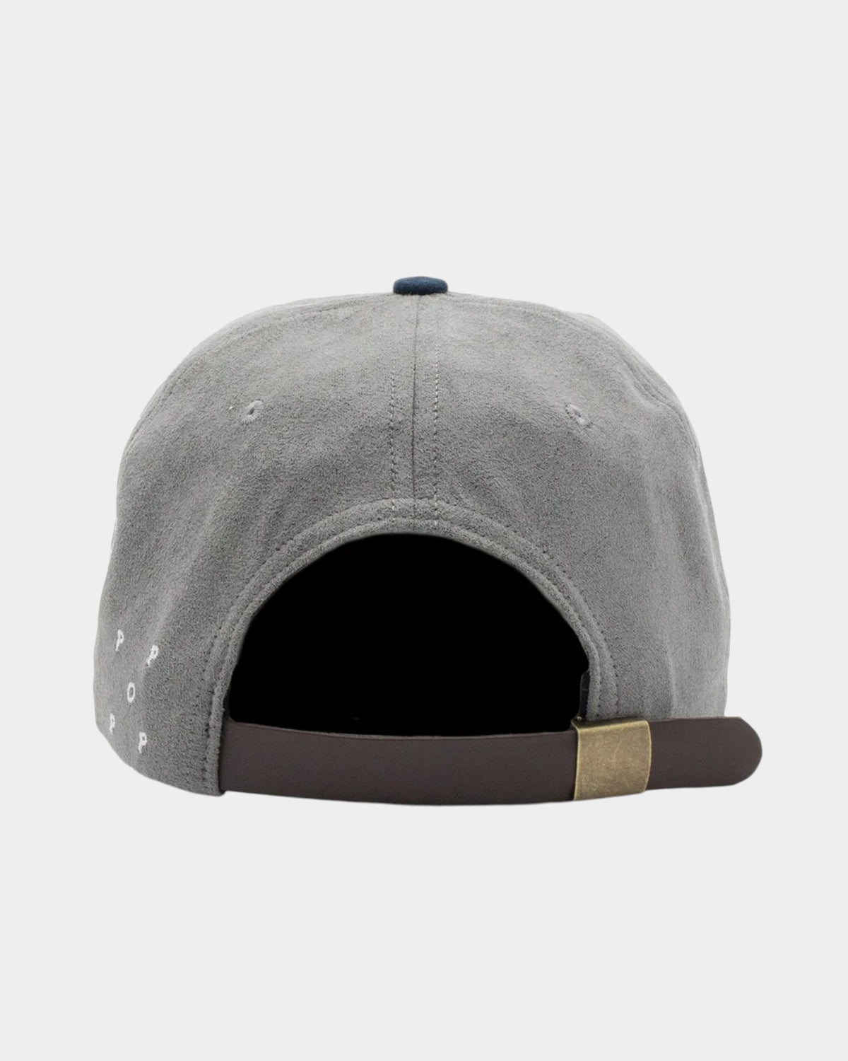 Lockwood Avenue Pop Trading Company gray six-panel cap with brown leather strap and metal buckle back view