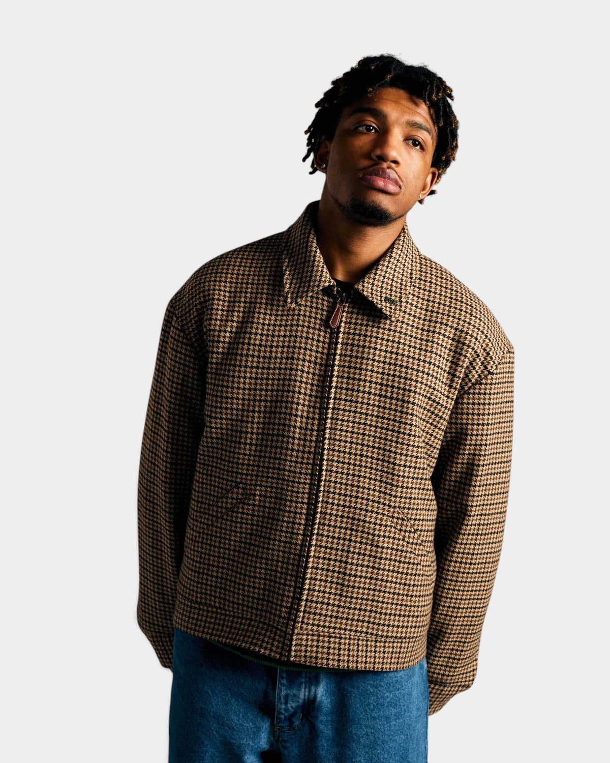Lockwood Avenue Pop Trading Company brown wool houndstooth Harrington jacket worn by a model